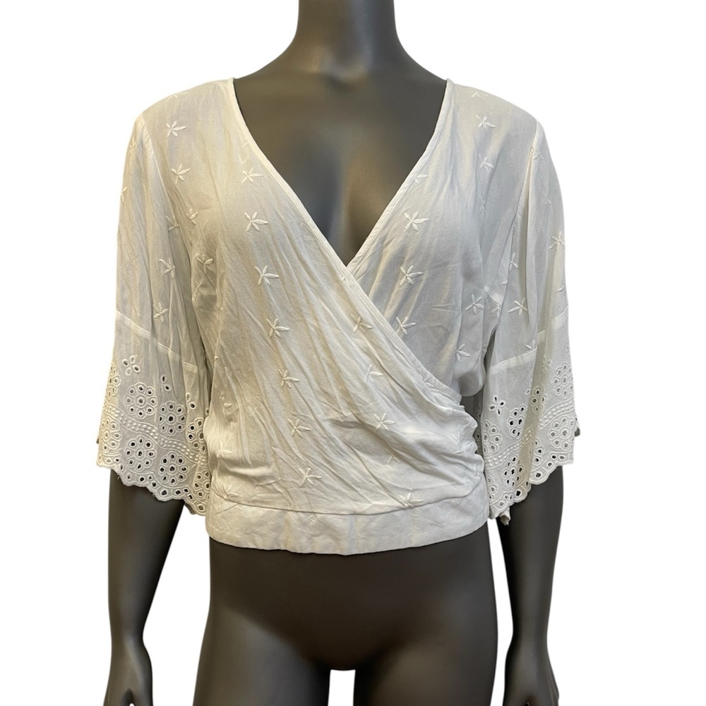 Japna Top Women XL White Eyelet Wrap Cropped Tie Back V Neck Peasant Cottagecore